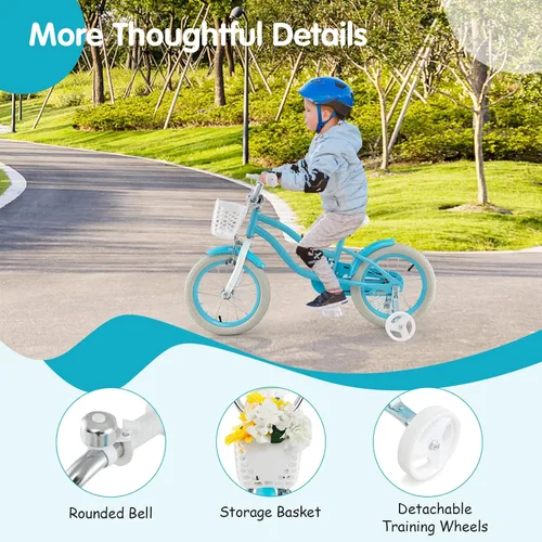 Vista 5 de HONEY JOY Bicicleta para niños de 12, 14, 16, 18, 20 pulgadas, con ruedas de entrenamiento, freno de mano y freno de posavasos, cadena totalmente