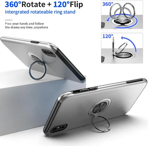 Vista 3 de Funda compatible con iPhone Xs Max con protector de pantalla de vidrio templado, funda híbrida 2 en 1 protectora delgada con anillo magnético