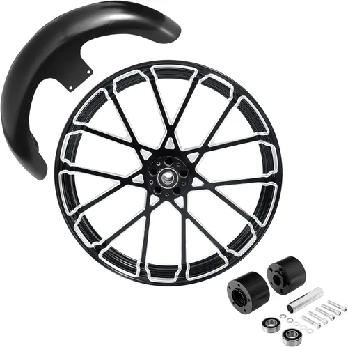 Vista 62 de TCMT Llanta de rueda delantera de 21", buje de rueda de brida de doble disco con guardabarros delantero negro sin pintar, compatible con modelos