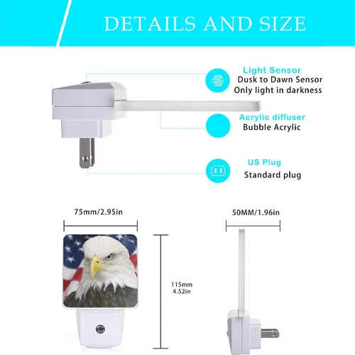 Vista 2 de Luz nocturna de bandera estadounidense, luces nocturnas de águila de 0.5 W, apta para dormir, para niños y niñas, lámpara LED con sensor de Bandera