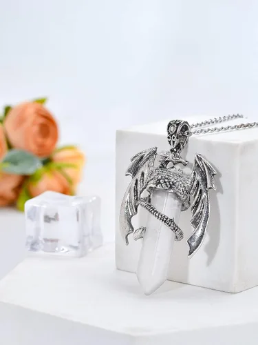 Vista 19 de Collar de dragón – Colgante hexagonal de plata envuelto en cristal con cristal natural – Joyería genial para hombres y mujeres