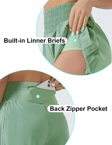 Vista 5 de THE GYM PEOPLE Pantalones cortos de entrenamiento de cintura alta para mujer, plisados, con forro de malla y bolsillo con cremallera