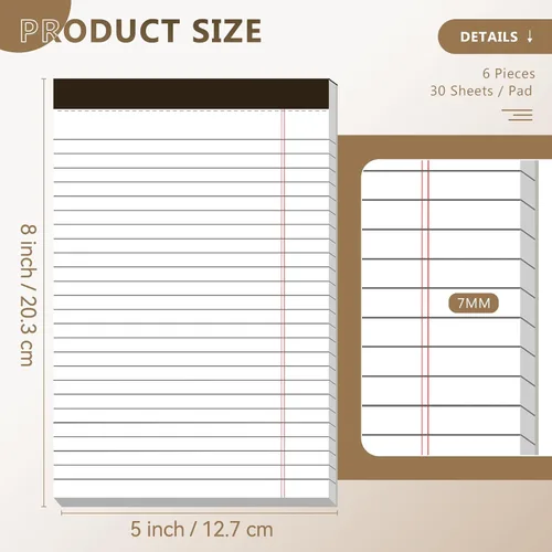 Vista 2 de Nichela Blocs de Notas de 5" x 8" Paquete de 6 Blocs Legales de Rayas Estrechas con Perforaciones 30 Hojas Blocs Pequeños para Escribir Papel