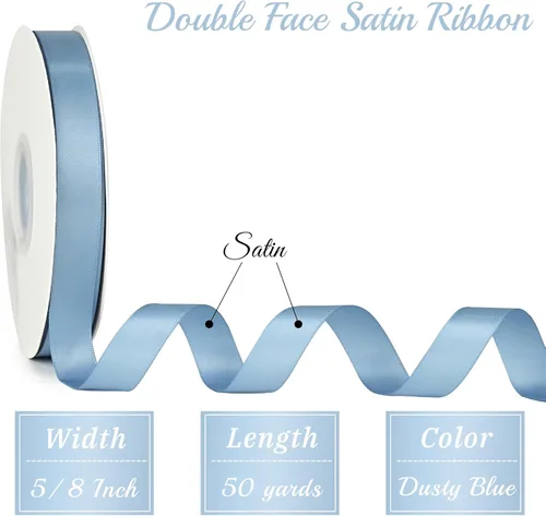 Vista 2 de Cinta azul polvorienta de 5/8 pulgadas, cinta de satén azul polvoriento, cinta de boda para envolver regalos, cinta de regalo, cinta sedosa