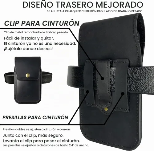 Vista 4 de Funda de cuero para teléfono celular para hombre, funda universal de cuero para teléfono, soporte para cinturón para iPhone 16 Pro Max, bolsa