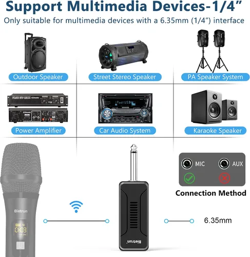 Vista 6 de Bietrun Receptor de micrófono inalámbrico UHF WXM02/WXM04, batería recargable de 720 mAh, rango de 160 pies, salida de 1/4 pulgadas para karaoke