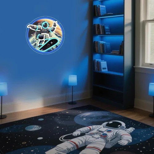 Vista 2 de Monopatín de astronauta, letrero de neón con impresión UV, letrero acrílico para decoración de pared, luz de neón para dormitorio, bar, cafetería