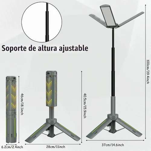 Vista 4 de Luces de campamento recargables con soporte, luces de trabajo telescópicas inalámbricas con 3 cabezales de lámpara LED, linterna de trípode