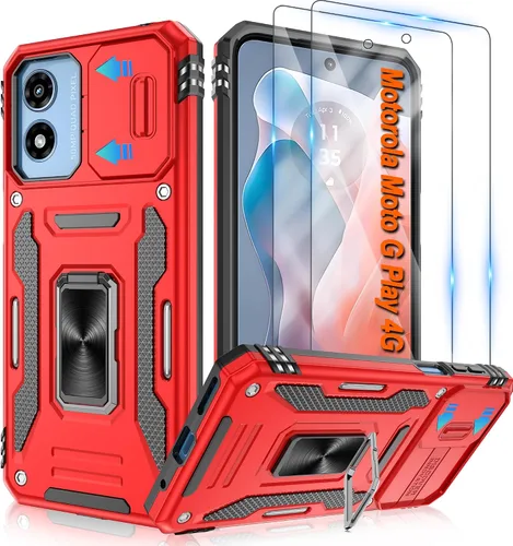 Vista 63 de Atump Funda para Motorola Moto G Play 2024 (4G) con [paquete de 2] protector de pantalla HD y cubierta para cámara deslizante, soporte de anillo