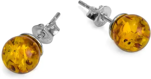 Vista 2 de Aretes pequeños de bola de ámbar miel y plata de ley, 0.315 in