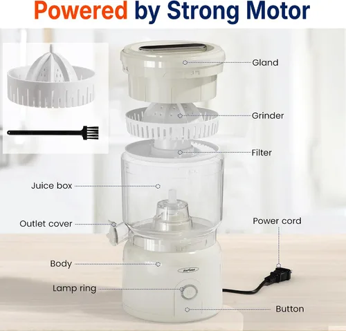 Vista 4 de Exprimidor eléctrico de cítricos, exprimidor de jugo de alta velocidad de 90 W con motor de cobre puro de 15,000 RPM, exprimidor eficiente de Blanco