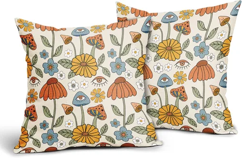Vista 2 de Juego de 2 fundas de almohada retro bohemias, florales, amarillas y naranjas, de 16 x 16 pulgadas, estilo vintage de los años 70, con bonitos hongos