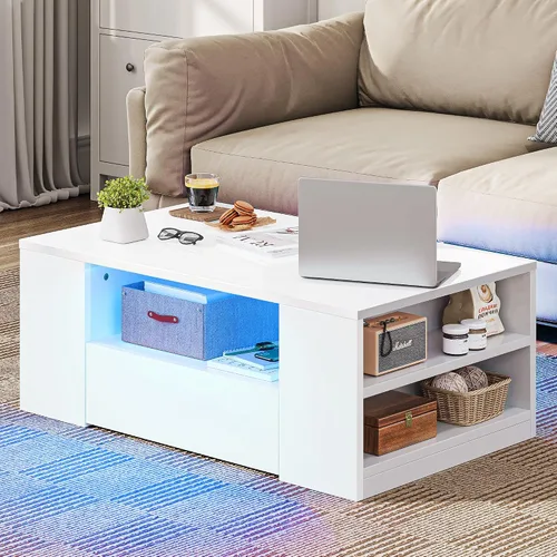 Vista 10 de Mesas de centro LED modernas YITAHOME para sala de estar Wood Center Table with 2 Storage Drawers, Open Shelves, High Gloss Finish, LED Lighting