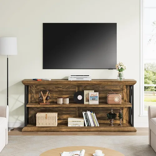 Vista 4 de Mesa de consola larga de 63 pulgadas con 3 niveles de almacenamiento para entrada, mesa de sofá de madera detrás del sofá para pasillo de sala