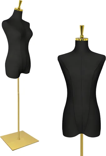 Vista 8 de Torso de maniquí femenino, 53-73 pulgadas de altura ajustable, maniquí para mujer con soporte de metal dorado, para coser y exhibir color beige