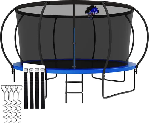 Vista 14 de Trámpolines de 1500 libras 8 10 12 14 15 16 pies para niños y adultos con red de protección, estacas para viento, aro de baloncesto, trámpolines