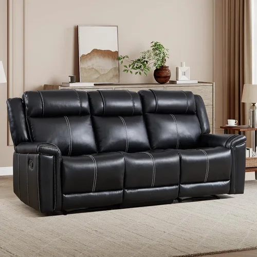 Vista 19 de EBELLO Sofá reclinable de cuero sintético de 3 plazas, sofá reclinable manual, silla de 3 asientos de estilo moderno de mediados de siglo con Marrón