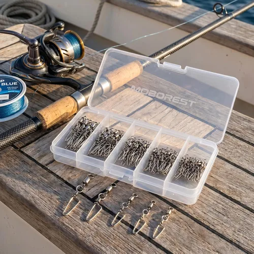 Vista 4 de 110 piezas de acero inoxidable barril giratorio accesorios de pesca, equipo de pesca premium con rodamiento de bolas, conector giratorio de broches