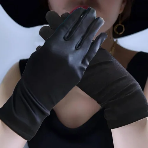 Vista 5 de Guantes cortos de satén, guantes de ópera de los años 20 para mujeres, vestido de noche elástico, para novia, boda, fiesta de té