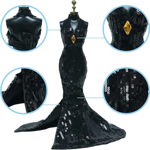 Vista 2 de Precioso vestido de muñeca hecho a mano, vestido de noche con lentejuelas, trajes de fiesta de boda para muñecas de 11.5 pulgadas (negro)