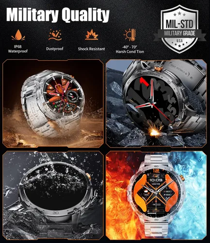 Vista 6 de LIGE Reloj inteligente militar para hombre, 730 mAh/1.75 pulgadas, pantalla táctil HD AMOLED, con linterna LED para Android iOS, rastreador