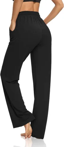 Vista 4 de DIBAOLONG Pantalones de yoga para mujer, pierna ancha, cómodos, con cordón, holgados, largos, palazzo, pantalones de entrenamiento con bolsillos