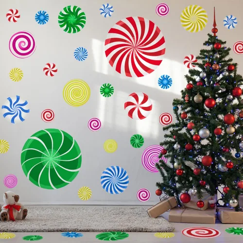 Vista 14 de 77 PCS Calcomanías de Pared de Dulces de Navidad Decoraciones Calcomanías de Pared de Navidad Calcomanías de Piso de Caramelo de Menta para Rojo