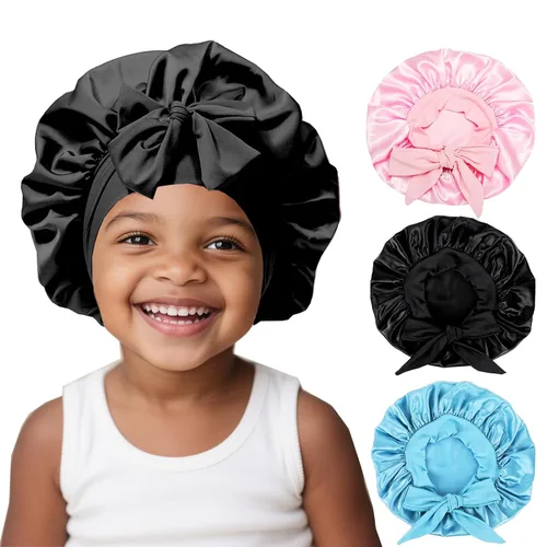 Vista 9 de 3 Piezas Gorros de Seda para Niños para Dormir - Gorro de Satén para Bebé para Dormir, Gorros de Cabello para Niños para Cabello Rizado Niñas Niños
