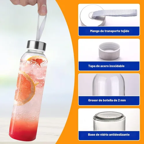 Vista 3 de Paquete de 3 botellas de agua de vidrio con tapa, transparente, 17 onzas Reusable Juice Bottle with Stainless Steel Cap, Glass Cup Liquid Storage