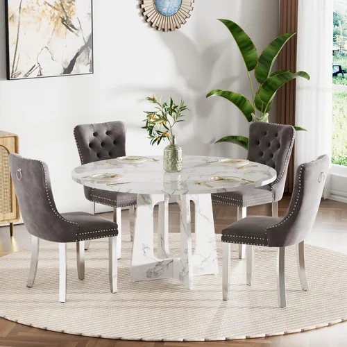 Vista 23 de Mesa de comedor redonda estilo granja para 6, mesa de cocina circular de 47" MDF con acabado de grano de madera, mesa de cocina y comedor de madera