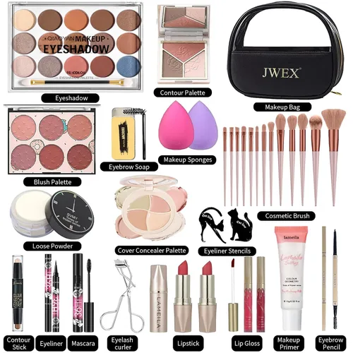 Vista 2 de Kit completo de maquillaje de 34 piezas todo en uno para mujeres, incluye paleta de sombras de ojos, barra de contorno, jabón para cejas, juego