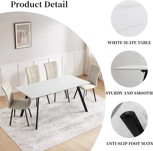 Vista 3 de HIPIHOM Conjunto moderno de mesa de comedor para 4, mesa rectangular de piedra sinterizada blanca y sillas, juego de 6 para el hogar, cocina, sala