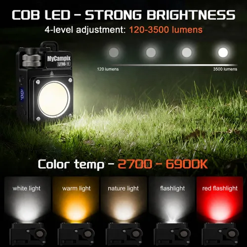 Vista 2 de MyCompix - Linterna de camping portátil, linterna LED ajustable de 3500 lúmenes, recargable con tiempo de funcionamiento y pantalla de 2.5 a 15