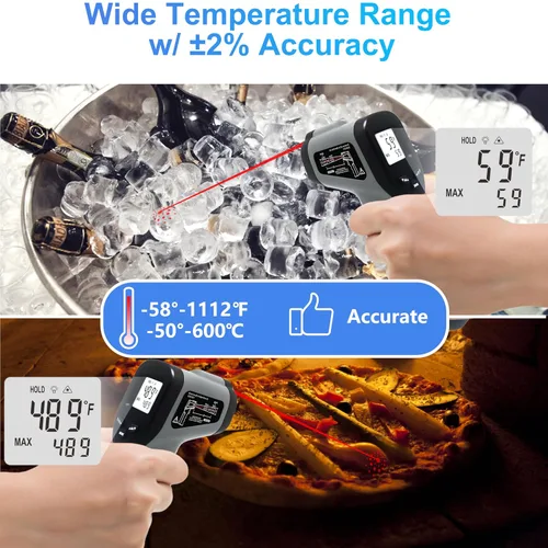 Vista 5 de hito Pistola de temperatura láser infrarroja de -58 °F a 1112 °F, pistola de temperatura para horno de pizza, cocina, refrigerador, piscina