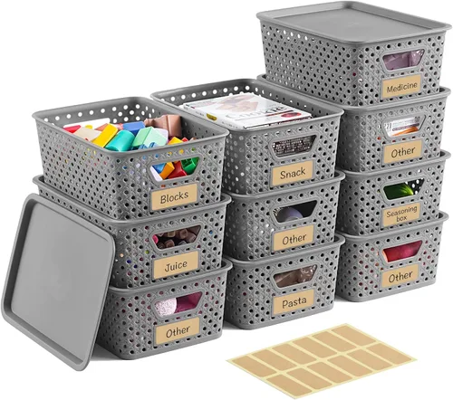 Vista 9 de Paquete de 10 cubos pequeños de plástico con tapas, cestas de almacenamiento de plástico apilables para organizar con asas, contenedores