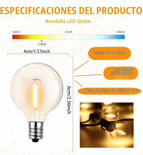 Vista 2 de Bombillas LED G40 de repuesto, bombilla LED de plástico transparente de 1 W, se adapta a enchufes de base de tornillo de candelabro E12 C7