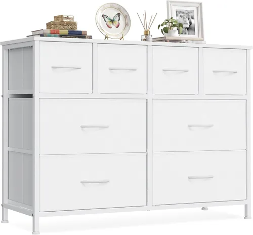 Vista 11 de SONGMICS Cómoda alta para dormitorio, 5 cajones de tela con marco de acero Blanco nube