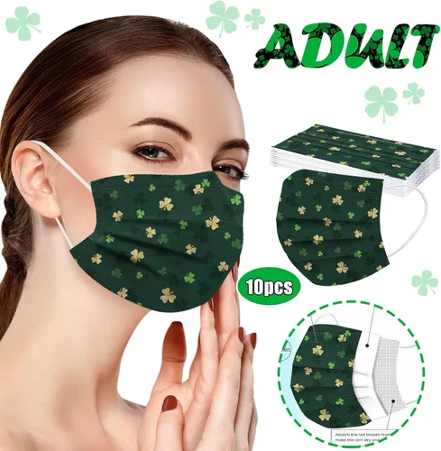 Vista 2 de 10 máscaras faciales desechables para adultos del día de San Patricio, trébol verde con lazo para las orejas, transpirables, para vacaciones