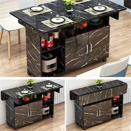 Vista 5 de Mesa de comedor plegable, mesa rectangular versátil con 4 ruedas, 5 estantes de almacenamiento, ahorro de espacio para comedor, cocina, ocio, mesa