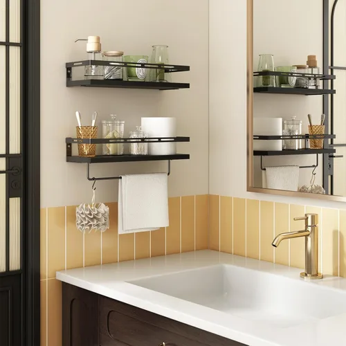 Vista 5 de YGEOMER - Estantes flotantes para organizador de baño sobre inodoro, estantes de baño montados en la pared con toallero, estante de pared