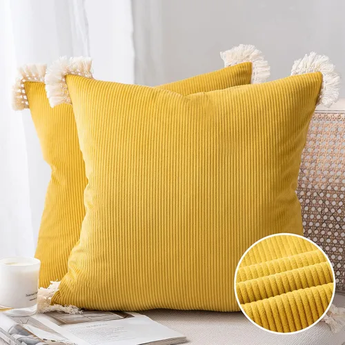 Vista 14 de Phantoscope Paquete de 2 fundas de almohada de pana suave para Halloween y otoño, decorativas de terciopelo a rayas con borlas de algodón, fundas