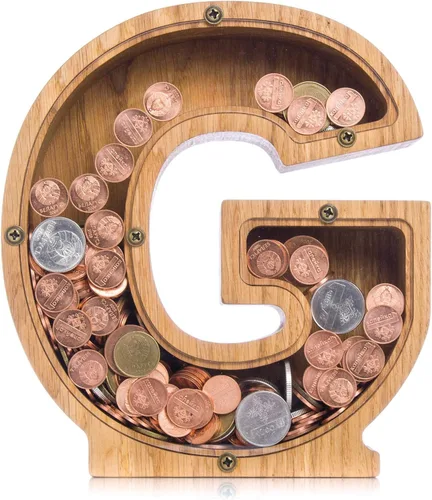 Vista 21 de Alcancía de madera personalizada con letra para niños, niñas y adultos, bancos de monedas de madera de roble duradero, 3 tamaños para elegir