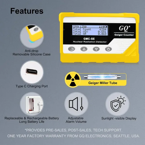 Vista 5 de GQ GMC-SE Geiger Detector de radiación de contador Beta Gamma de rayos X portátil Medidor de monitor de radiación nuclear digital Dosímetro