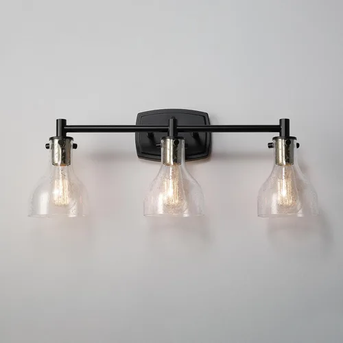 Vista 13 de GLOBE Electric 63000062 - Juego de baño todo en uno de 5 piezas, negro mate y latón, luz de tocador de 3 luces, vidrio sembrado, toallero, soporte