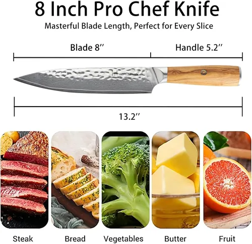 Vista 2 de Cuchillo de chef japonés de 8 pulgadas, cuchillo de chef profesional afilado, cuchillo de cocina de acero inoxidable Damasco VG-10 con mango