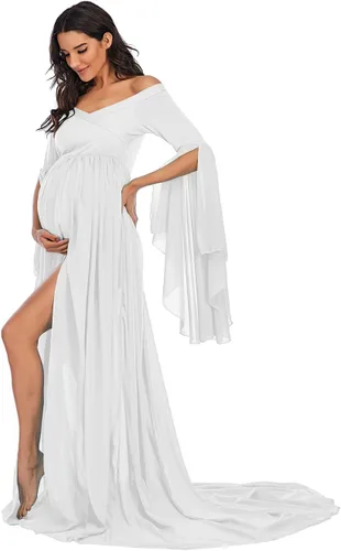 Vista 2 de ZIUMUDY Vestido largo de gasa con hombros descubiertos para sesión de fotos, mangas acampanadas, vestido dividido para fotografía, baby shower