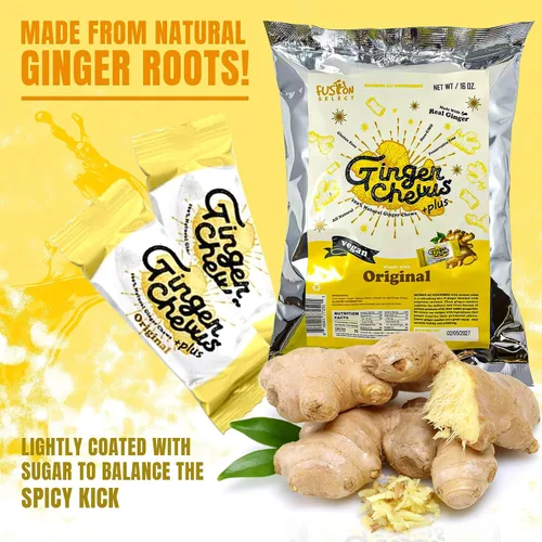 Vista 5 de Fusion Select Ginger Chews - Delicias dulces y confitadas suaves de Indonesia - Promueven el alivio de las náuseas matutinas, malestar estomacal