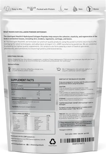 Vista 2 de The Intelligent Health - Péptidos de colágeno hidrolizado en polvo, alimentados con pasto, alto en proteínas, sin sabor, libres de gluten, apto
