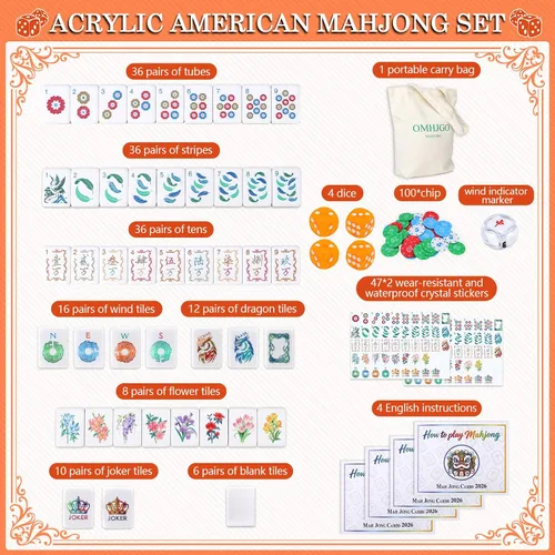 Vista 4 de Juego de azulejos Mahjong americanos de acrílico de 4 capas grabadas Naranja oscuro