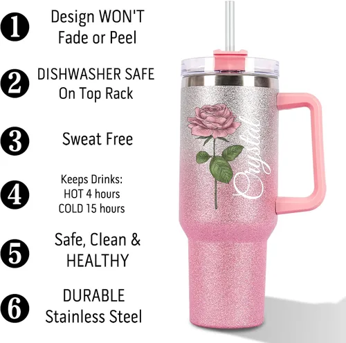 Vista 4 de Vaso personalizado con asa personalizado de 40 onzas grabado con nombre de flor de nacimiento con tapa y pajita, taza de café de viaje de acero
